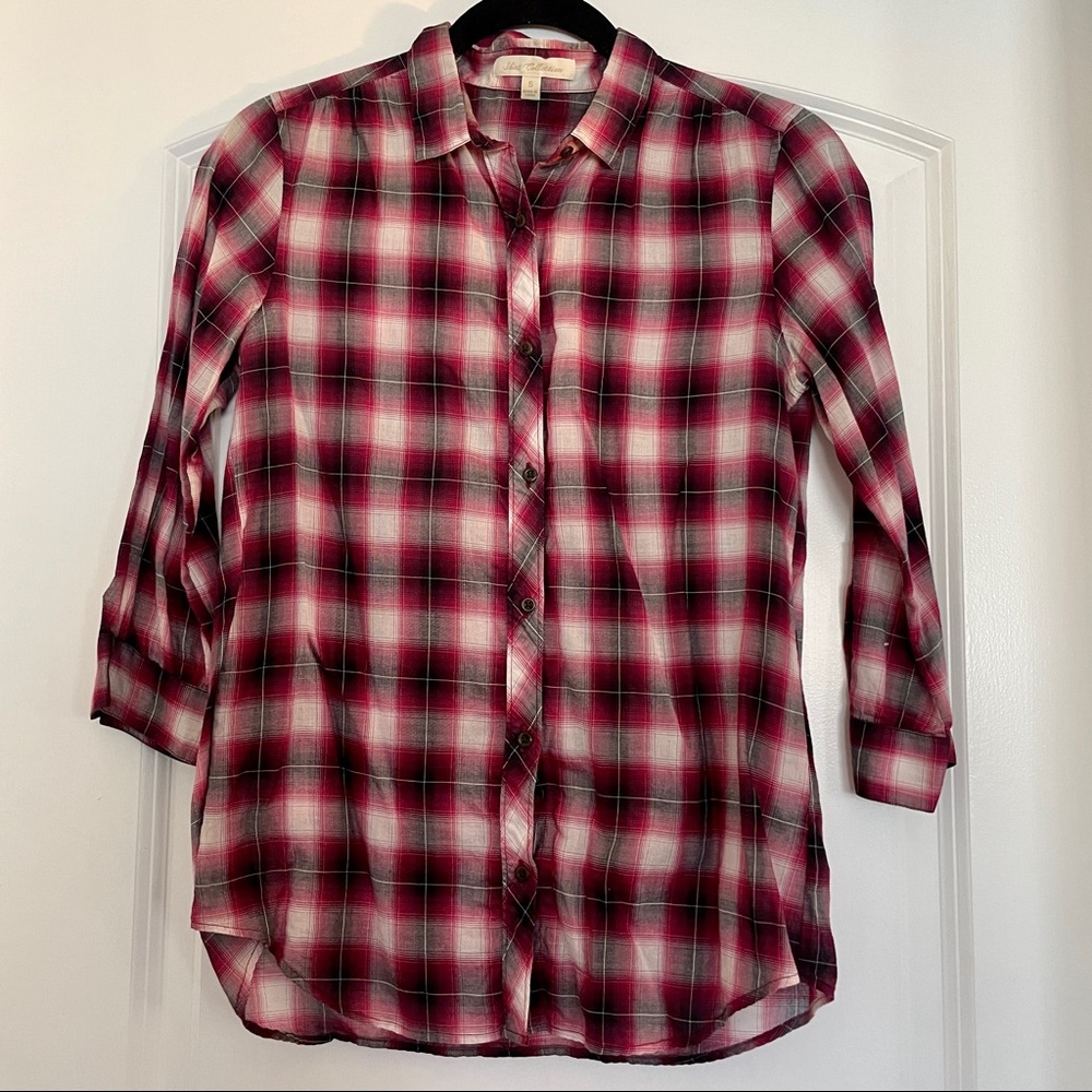 Uniqlo 3/4 Length Sleeve Maroon and Grey Plaid Button Down Shirt